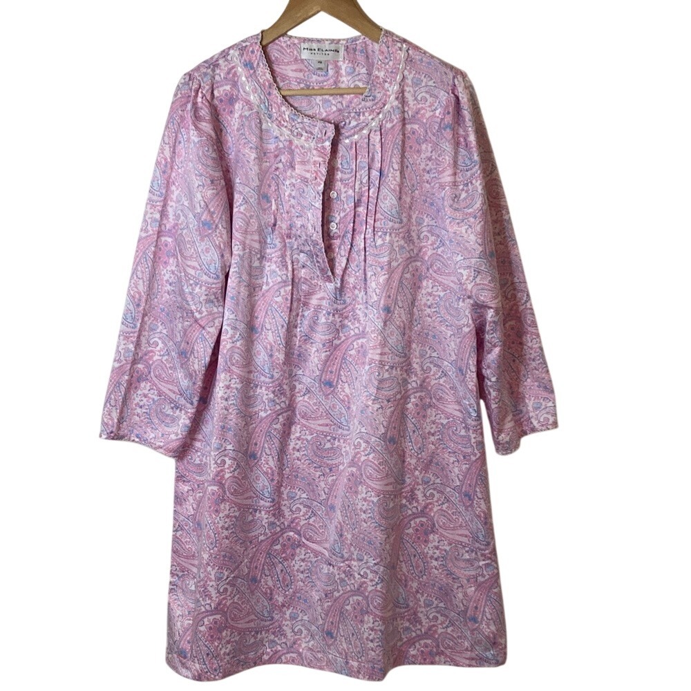 Miss Elaine Womens‎ Pink Paisley Long Sleeve Gown Size PM Modest Classic Satin